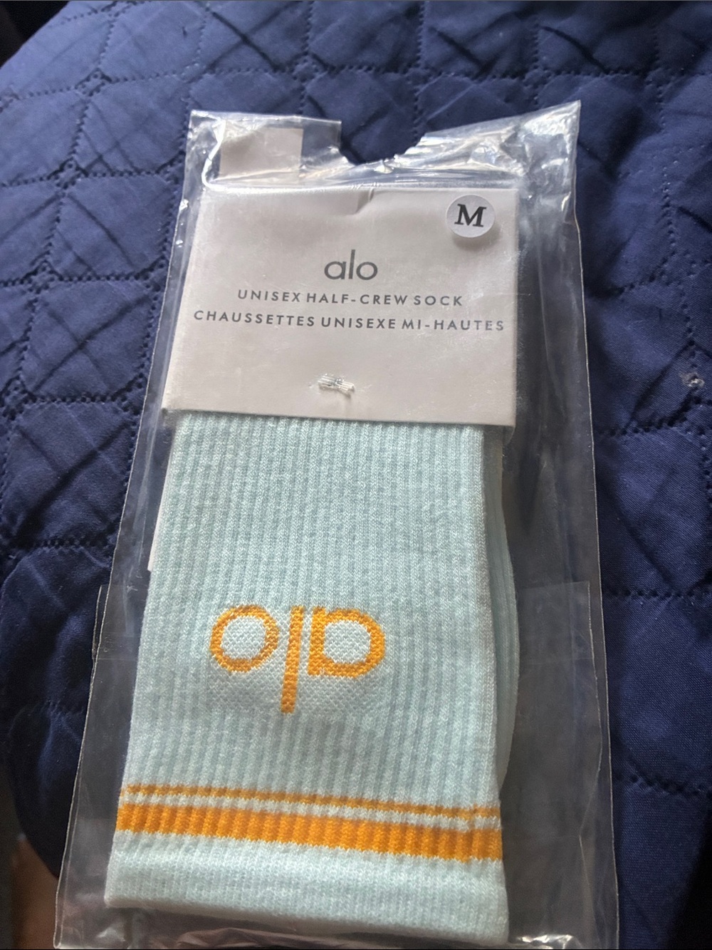 ALO Yoga Light Aqua Half-Crew Socks with Gold Stripe